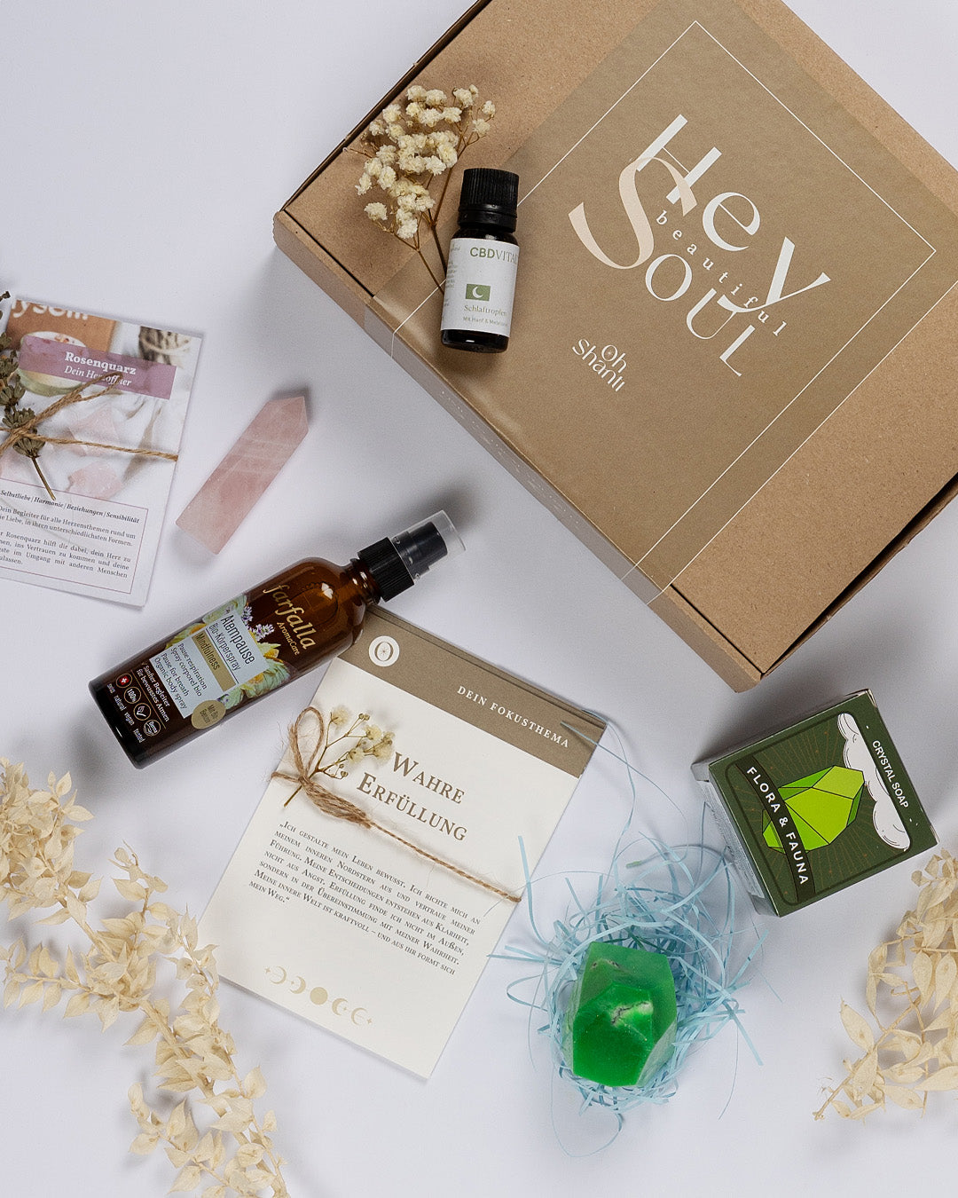 Geschenk Box mit Farfalla Körperspray, CBD Schlaftropfen, Crystal Soap & Rosenquarz