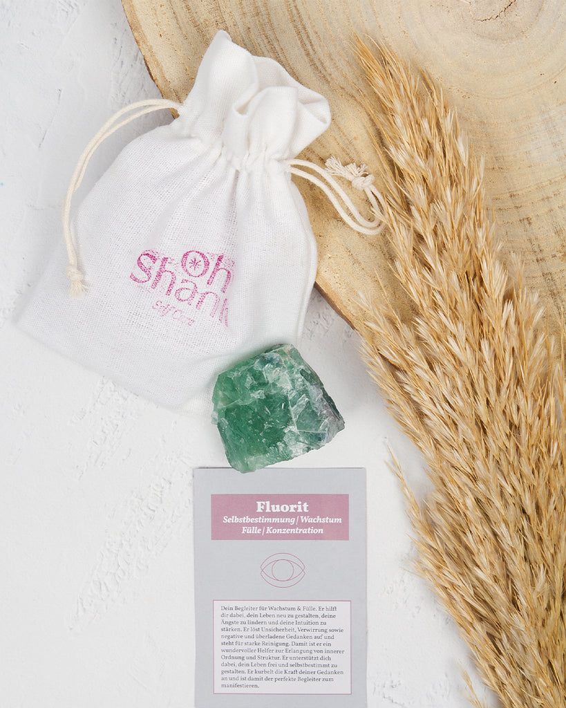 Grüner Fluorit mit Beutel und Karte 